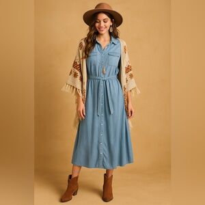 🌿 Boho Denim Midi Shirt Dress – Como Vintage – Lyocell – M
